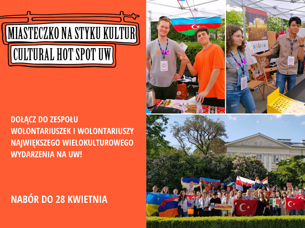 Grafika promująca nabór wolontariuszy i wolontariuszek na Miasteczko na styku kultur - Cultural Hot Spot. Nabór trwa do 28 kwietnia. Na grafice znajdą się zdjęcia wolontariuszy z 2022 roku na stoiskach kultur. 