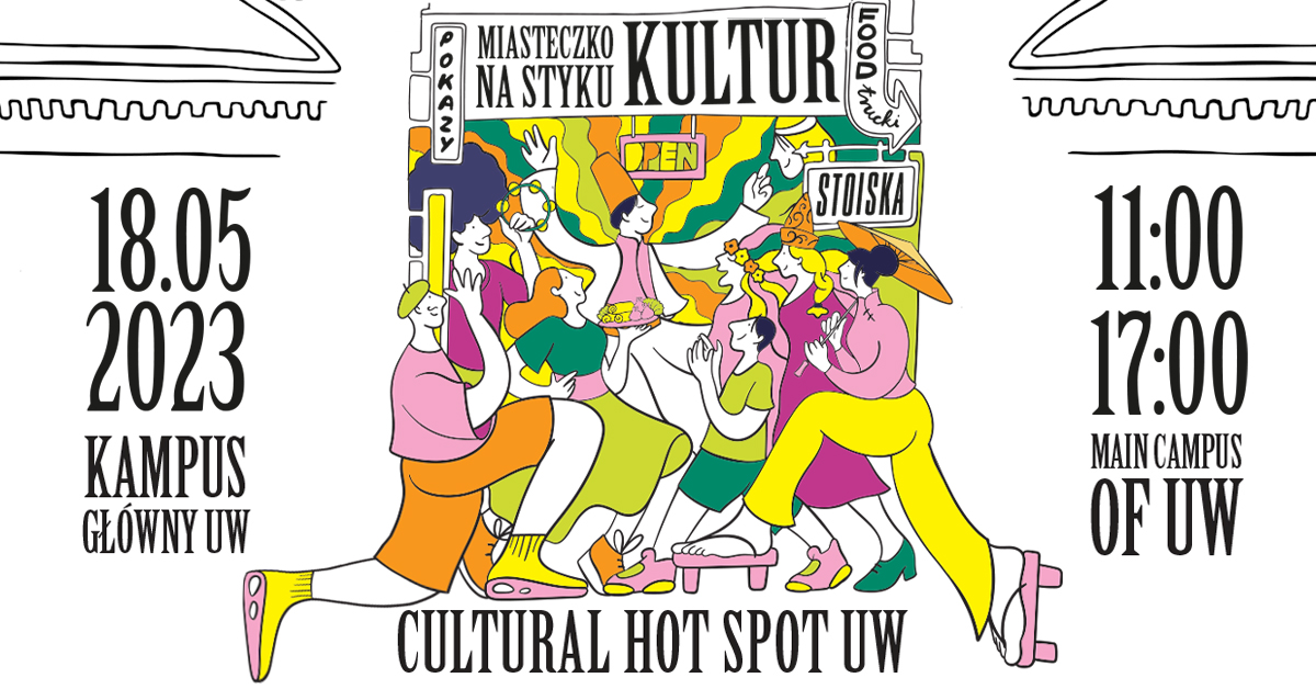 Grafika promująca Miasteczko na styku kultur Cultural Hot Spot 2023, 18 maja w godz. 11:00-17:00, na grafice narysowana jest brama UW a w niej radosne osoby.