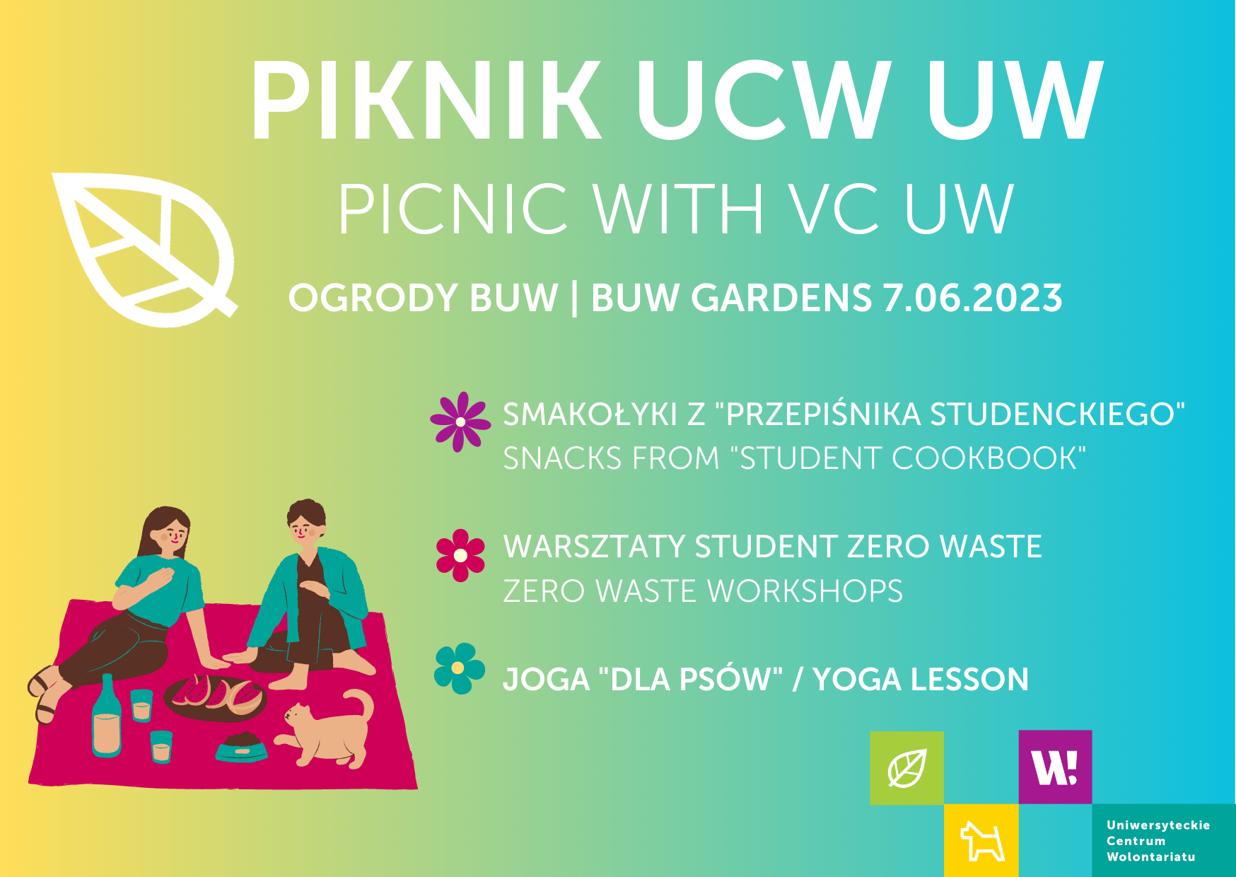 Grafika promująca wydarzenie Piknik UCW UW w ogrodach BUW 7 czerwca 2023 na grafice znajduje się obrazek przedstawiający studentkę i studenta na kocu piknikowym