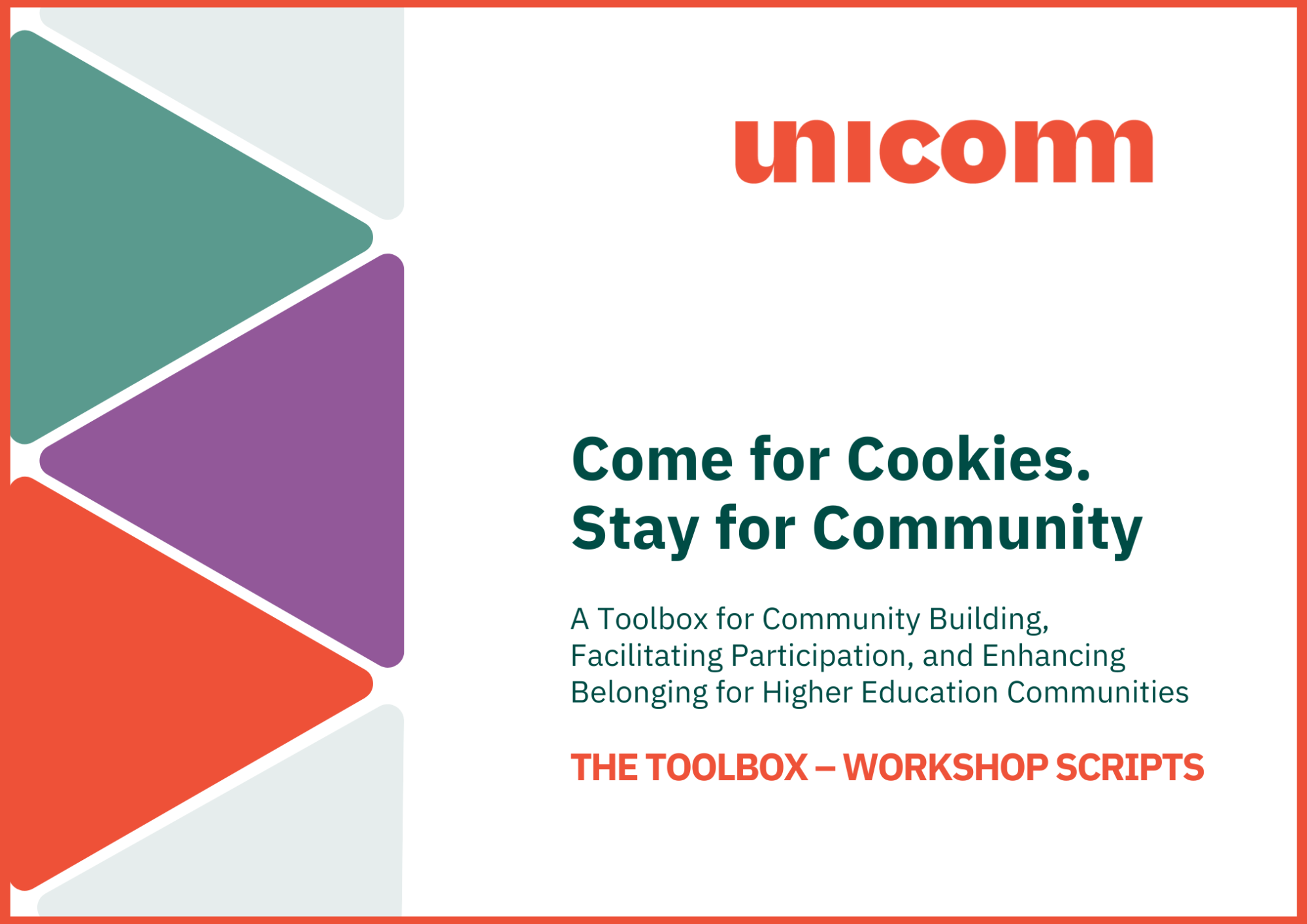 Click titlepage: Come for Cookies. Stay for Community.” A Toolbox for Community Building, Facilitating Participation, and Enhancing Belonging for Higher Education Communities The Tools – workshop scripts