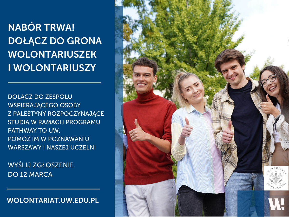 Grafika promująca nabór wolontariuszy wspierających studentki i studentów z Palestyny